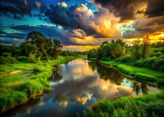 Fototapeta premium Muddy river, lush greenery silhouettes against a cloudy sky; raw nature's beauty captured.