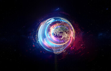 Obraz premium A glowing Earth with continents outlined, illuminated by a network of lines extending from the surface into space.