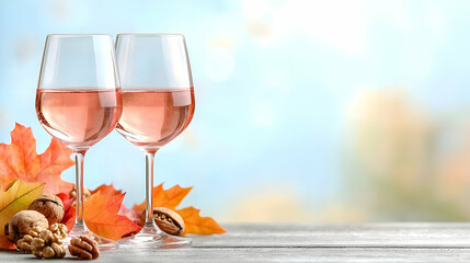 Rose wine autumnal background, two glasses, walnuts, leaves