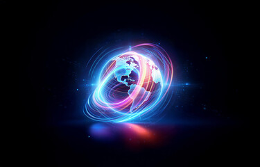 Obraz premium A glowing blue globe surrounded by a swirling ring of light on a black background.