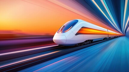 Obraz premium Train High Speed Motion Blur Side view of a hyperloop train racing through landscapes, motion blur capturing its ultra high speed.