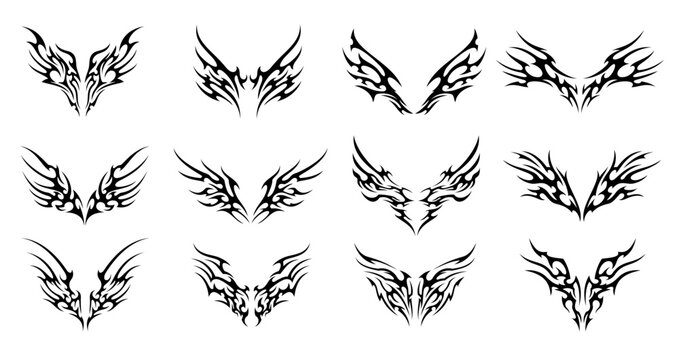 Tribal neo gothic wings tattoo. Vector y2k cyber tribal body art patterns. Abstract black wings of neo gothic angel or butterfly with sigilism fire flame and tribal spike ornaments for tattoo