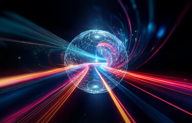 Obraz premium A glowing sphere, composed of interconnected lines and dots, floats in the dark abyss.