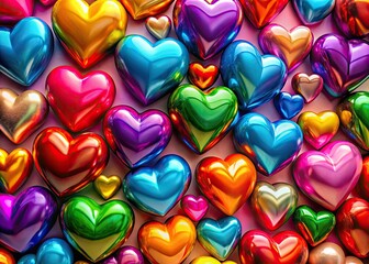 Fototapeta premium Romantic Valentine's Day background featuring a collection of glossy, colorful hearts.