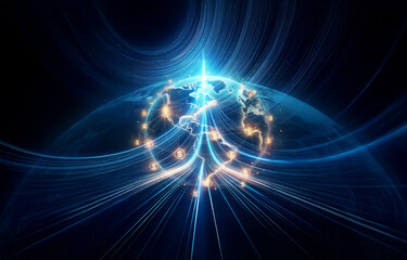 A glowing earth with network lines and dollar signs surrounding it.