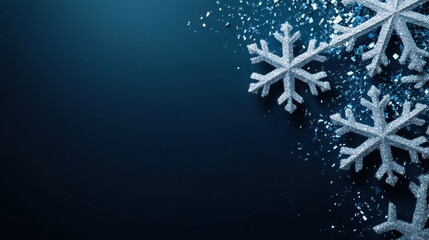 Fototapeta premium Sparkling Snowflake on Dark Backgrounds Glittering snowflakes shimmering against a deep midnight blue background, evoking a festive holiday mood.