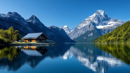 Fototapeta premium A house sitting on the shore of a lake with mountains in the background