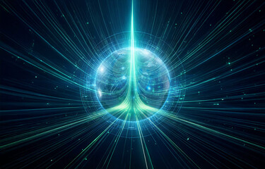 Fototapeta premium A glowing blue digital globe surrounded by a ring of intricate lines on a dark background.