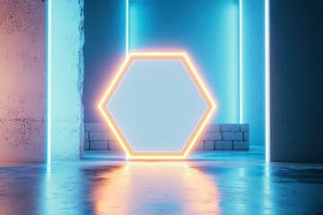 Softly glowing border enhances a hexagonal badge mockup, presented in a clean, futuristic 3D studio setting.