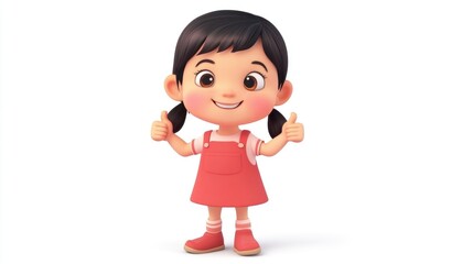 Fototapeta premium Cheerful animated girl character with dark hair in pigtails giving thumbs up in a bright red dress and shoes on a clean white background