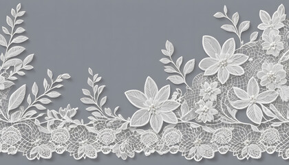 Lace wedding border,  Delicate white lace floral design with intricate patterns and gray background  , copy space