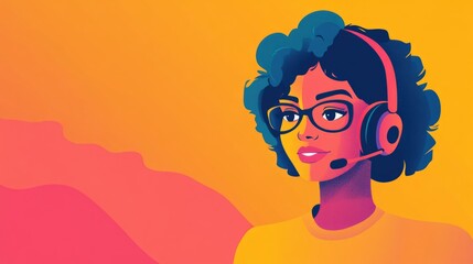 Illustration of a young woman with curly hair and glasses wearing a headset, on a vibrant gradient background of orange and pink tones, representing customer support services.