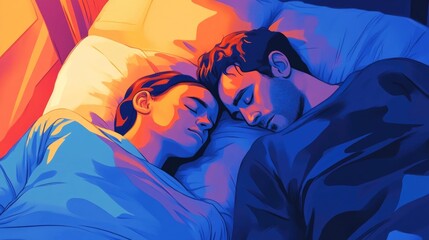 Couple peacefully sleeping in a cozy bedroom with warm orange and cool blue tones, showcasing intimacy and rest, highlighting snoring health issues.