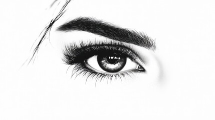 Obraz premium Elegant monochrome close-up of a woman's eye showcasing exquisite eyelashes and detailed eyebrow, isolated on a pristine white background for skincare beauty concepts.