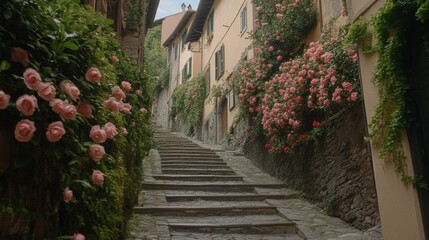 Fototapeta premium Rose-Covered Stone Steps in Charming Italian Village