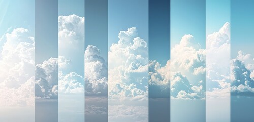 A series of vertical wallpaper stripes with varying cloud patterns, from streaky cirrus to dense cumulus clouds, creating a fresh, clean look on light blue backgrounds