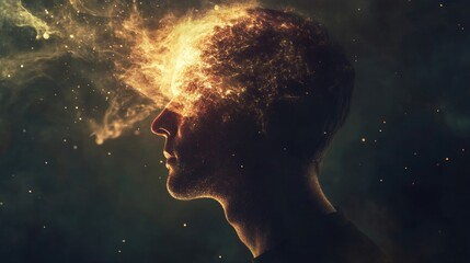 Conceptual portrayal of male figure experiencing dissociative identity disorder with ethereal, smoky colors emerging from head against dark mystical background