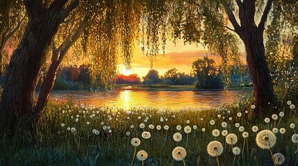Serene Sunset Under Weeping Willows with Dandelions in Bloom. Peaceful and Enchanting Scene Capturing Nature's Beauty.