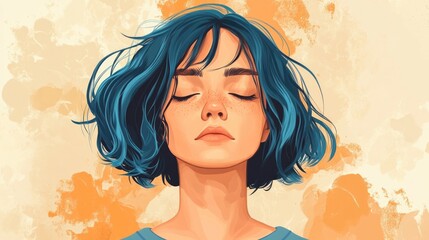 Cheerful young woman with short blue hair and closed eyes expressing sadness against a soft orange and beige abstract background.