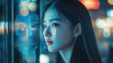 Asian woman interacting with face detection technology and augmented reality in urban night setting with blue neon reflections and technology concept