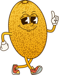 Groovy melon fruit retro cartoon character with funny face, vector emoji. Groovy melon with cute smile and funky finger up gesture in hipster shoes, fruit food character and retro cartoon personage