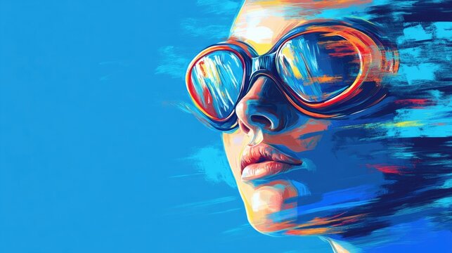 vibrant portrait of young woman wearing colorful swimming goggles against a bright blue background capturing athletic spirit and determination