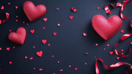 Romantic Valentine's Day Background with Hearts, Ribbons, Gift Boxes, Sparkles, and Elegant Decorations on Dark Surface