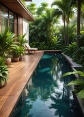 Wooden patio overlooking tranquil pool surrounded by tropical plants, poolside view, wood