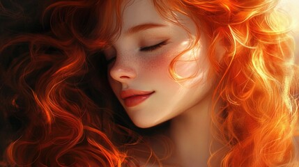Fototapeta premium Serene young woman with vibrant curly red hair, glowing skin, and freckles, set against a soft, warm background.