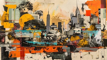 Mixed media collage featuring urban landscapes, graffiti, and geometric elements