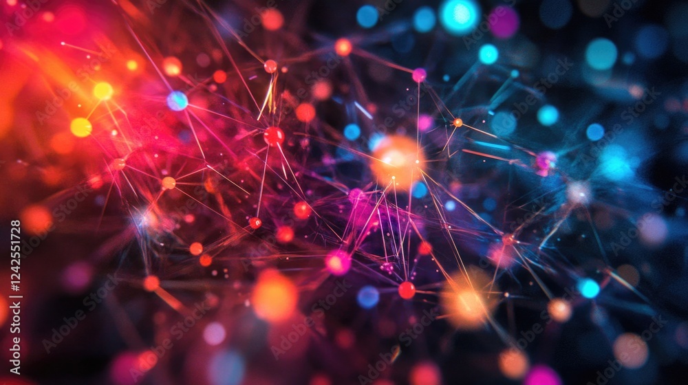 Poster Colorful Abstract Digital Connection Network with Bright Nodes and Lines on Dark Background Representing Interactive Internet Data Flow