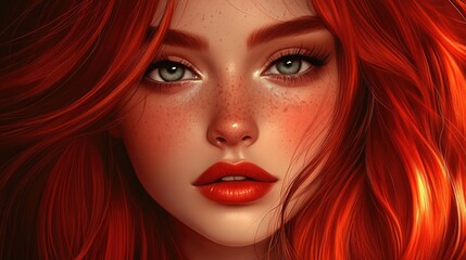 Portrait of a young woman with vibrant red hair and stunning makeup highlighting her blue eyes and freckles against a dark background.