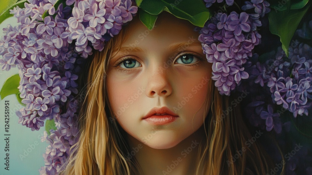 Sticker girl adorned with lilac wreath on head showcasing soft features and bright blue eyes, captured in a serene floral portrait with vibrant purple hues