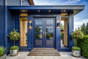 Sleek navy glass doors accentuate this modern home's stylish, contemporary entryway, beautifully captured in architectural photography.