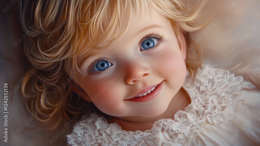 Canvas Prints Happy baby girl with blond curly hair and blue eyes wearing a white lace outfit, glowing in soft natural light, capturing joy and innocence.