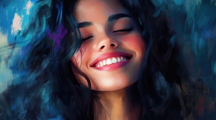 Smiling young woman with dark curly hair enjoying a moment of happiness surrounded by vibrant blues and greens, exuding joy and relaxation.