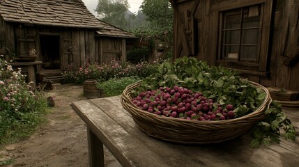 Rustic Cottage Garden with Basket of Wild Raspberries