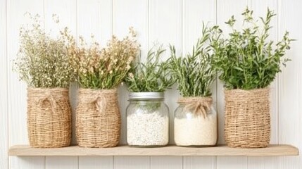 Rustic Farmhouse Decor Herbs and Dried Flowers in Jars