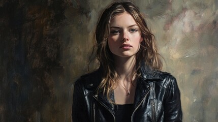 Fototapeta premium Confident young woman with wavy brown hair wearing a black leather jacket, set against a textured earthy backdrop, exuding a strong and modern spirit.