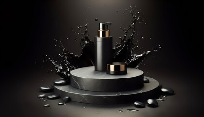 Black stone podium with splashing water. Dark black water. Suitable for presenting cosmetic products. Realistic illustration.