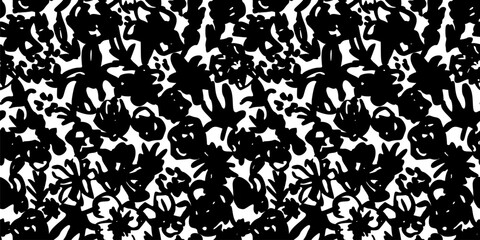 Abstract Black, White Floral Pattern with Ink Hand Drawn Flowers. Monochrome Freehand Ditsy Chamomile, Peony, Rose, Bloom Wallpaper. Pretty Brush Stroke Flower Seamless Pattern. Tropical Foliage Print