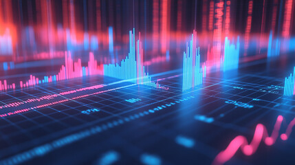 An abstract stock market chart features blue and red bars alongside a line graph, representing financial data analysis in 3D rendering.