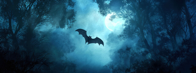 Mysterious bat gliding through a misty forest under moonlight with minimalist textures and bright blue backdrop for text