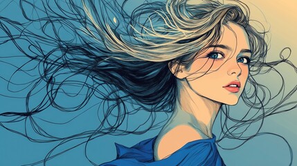 Naklejka premium Girl with flowing hair and a half smile, wearing a blue dress, set against a serene blue background, capturing a whimsical and dreamy essence.