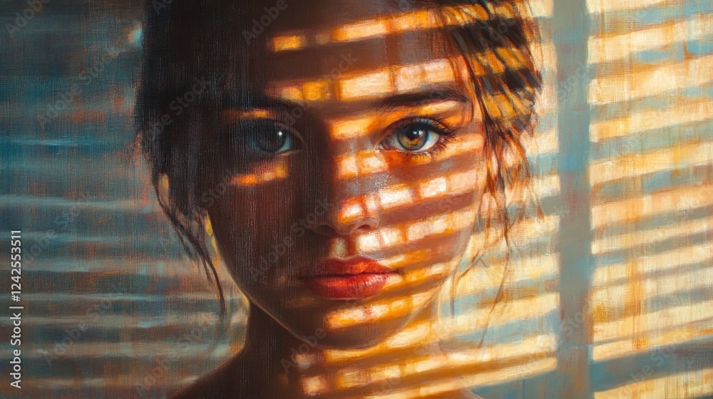 Poster Portrait of a young girl illuminated by soft sunlight filtered through blinds creating artistic light and shadow patterns on her face.