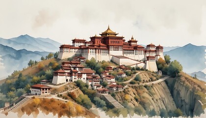 Stunning Watercolor Painting of the Majestic Potala Palace in Tibet, a Breathtaking Mountaintop Fortress