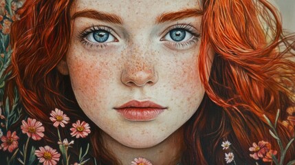 Close-up Portrait of a Young Girl with Freckles and Wavy Red Hair Surrounded by Pink Wildflowers Against a Soft Neutral Background