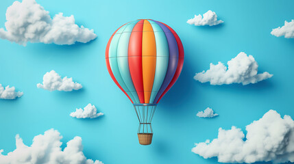 Fototapeta premium Colorful hot air balloon floats in a cartoonish sky with clouds on a light blue background for creative text placement