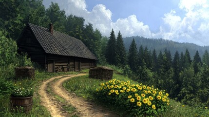Rustic Log Cabin in Sunlit Mountain Meadow