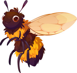 Cartoon funny bumblebee insect character. Isolated vector adorable flying pest personage with large expressive eyes, fluffy yellow and black stripes and translucent wings emphasizing pollination
